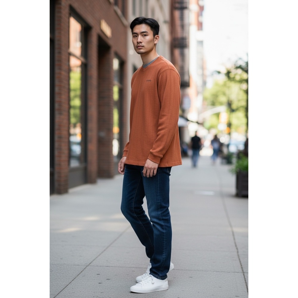 Columbia Sportswear Mens XXL Burnt Orange Ribbed V-Neck Long Sleeve Shirt